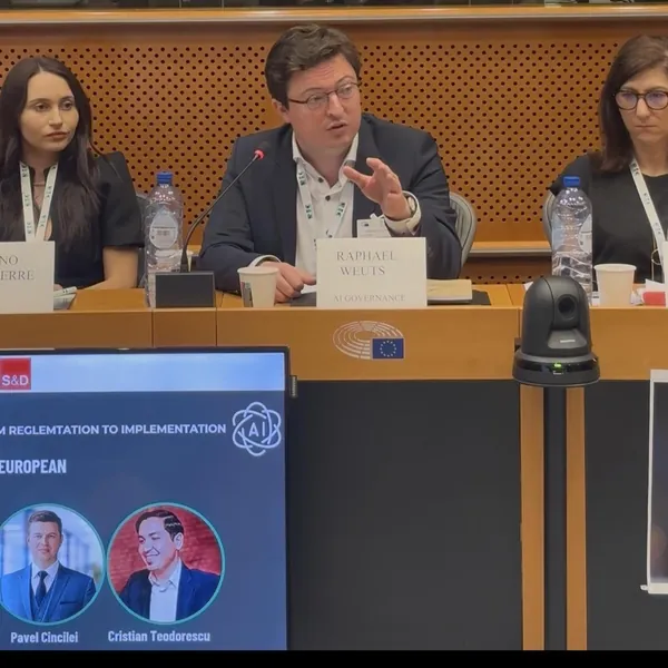 Raphaël Weuts on the panel at AI Act in Romania conference