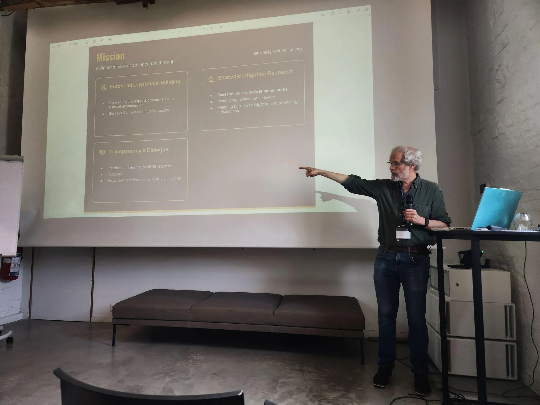 Didier Coeurnelle introducing Law for AI Safety's mission at the 2nd International Conference on Large-Scale AI Risks